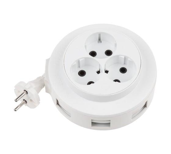 Удлинитель-рулетка ЮПИТЕР 5м, 3 розетки, 1,3кВт, без заземления, ШВВП 2x0,75 У6-008 JP8105-01