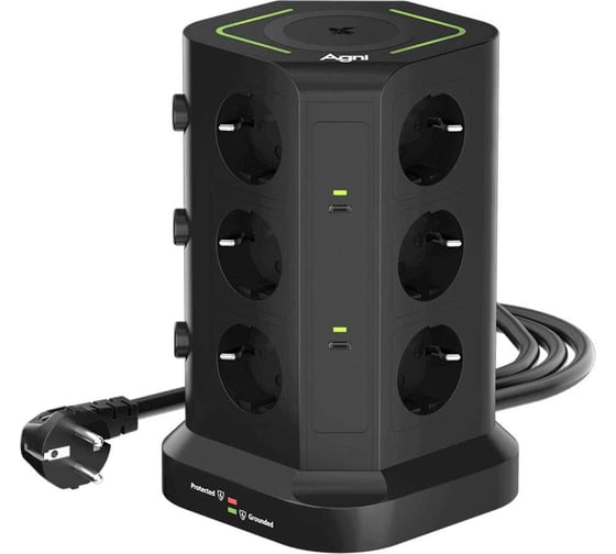 Сетевой фильтр AGNI башня 12 розеток, 2 метра, 3 USB + 2 Type-C 65 Вт, беспроводная зарядка, чёрный TP-VG6U12E-C-W-2m-black