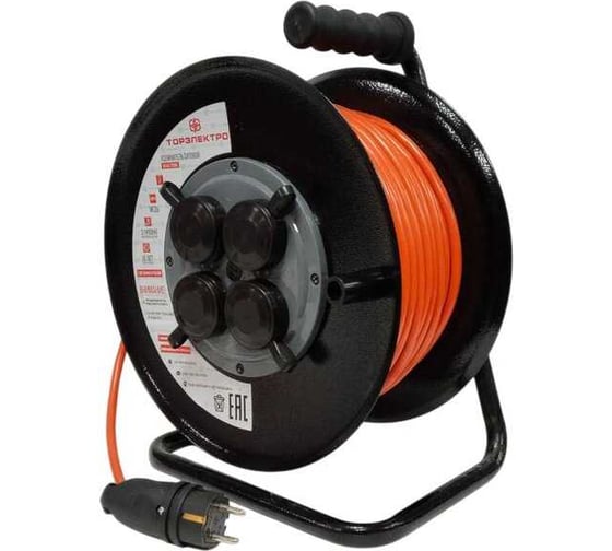 Удлинитель ТОРЭЛЕКТРО ПВС, 4000 Вт, 20м, на металлической катушке, IP44, без заземления 1859