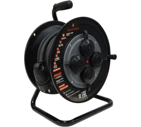 Удлинитель силовой ТОРЭЛЕКТРО серии ВОЛЬТПРОМ КГ 2х1,5 35м, на пластиковой катушке, без заземления, IP44, с термовыключателем ВП1111