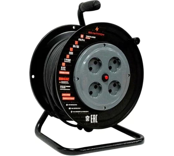 Удлинитель силовой ТОРЭЛЕКТРО серии ВОЛЬТПРОМ КГ 2х2,5 50м, на пластиковой катушке, без заземления, IP20, с термовыключателем ВП1154