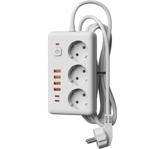Сетевой фильтр прямоугольный КОСМОС 10A 2500Вт 3м 3 гнезда, выкл, пвс 3х1мм2, белый 4 USB+ 2 USBC FKsm3m-3gPF(W)USB