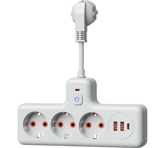 Сетевой фильтр компакт КОСМОС 10А 2500Вт 3 гнезда, выкл, 10 см ПВС 3х1мм2 2USB+ 1USBC белый FRKsm0.3m-3g(W)USB