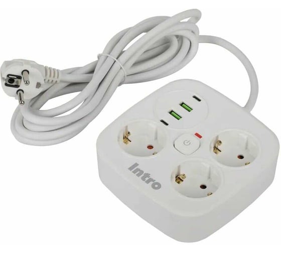 Удлинитель электрический Intro UGES330-W-4USB с заземлением с выключателем 3 розетки + 4xUSB A+C 3м 10А белый Б0069727