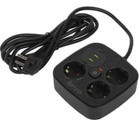 Удлинитель электрический Intro UGES330-B-4USB с заземлением с выключателем 3 розетки + 4xUSB A+C 3м 10А черный Б0069728