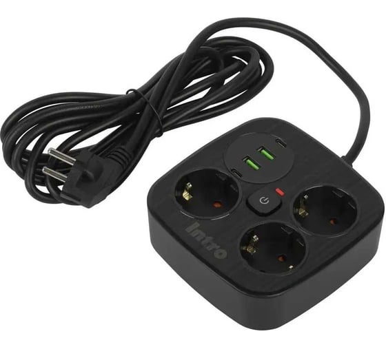 Удлинитель электрический Intro UGES330-B-4USB с заземлением с выключателем 3 розетки + 4xUSB A+C 3м 10А черный Б0069728