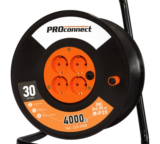 Силовой удлинитель на катушке PROconnect 4 розетки с заземлением 30 м ПВС 3х2,5 PROFESSIONAL 11-7613
