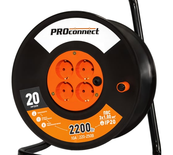 Силовой удлинитель на катушке PROconnect 4 розетки с заземлением 20 м ПВС 3х1 STANDART 11-7604