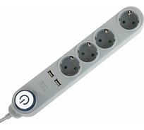 Сетевой фильтр SONNEN DX04, 4 розетки, 2 USB-порта, заземление, 10А, длина 1,5м, серый 513493