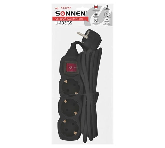 Удлинитель SONNEN U-133GS, 3 розетки, c заземлением, выключатель, 10А, длина 3 м, черный, 513266