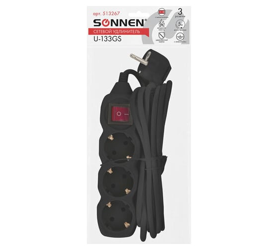 Удлинитель SONNEN U-133GS, 3 розетки, c заземлением, выключатель, 10А, длина 5 м, черный, 513267