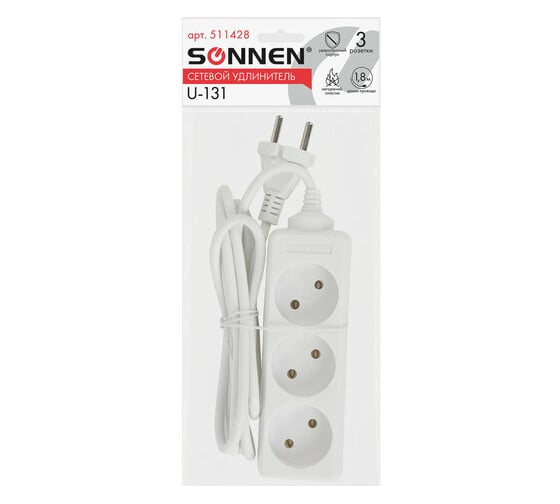 Сетевой удлинитель SONNEN U-131, 3 розетки, без заземления, 6 А, 1,8 м, 511428