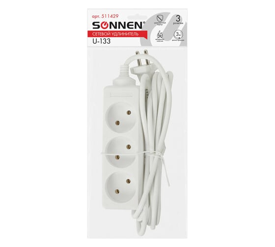 Сетевой удлинитель SONNEN U-133, 3 розетки, без заземления, 6 А, 3 м, 511429