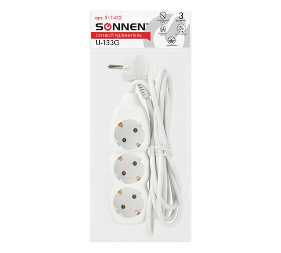 Сетевой удлинитель SONNEN U-133G, 3 розетки, c заземлением, 10 А, 3 м, 511432