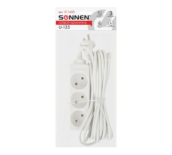 Сетевой удлинитель SONNEN U-135, 3 розетки, без заземления, 6 А, 5 м, 511430