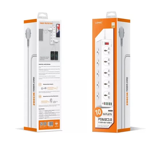 Сетевой удлинитель Perfeo LDNIO SC10610 2м/10 розеток EU_UK_US/ 2500W/ 6 USB: QC 3.0+PD 3.0 30W/ White LD_D0426