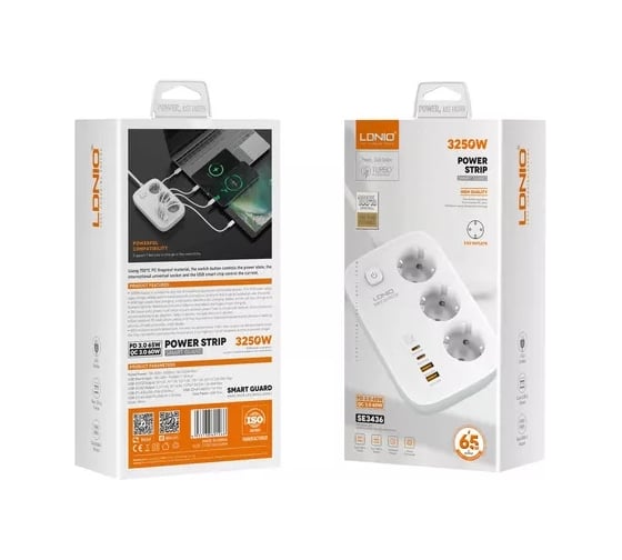 Сетевой удлинитель Perfeo LDNIO SE3436 2м 3 розетки 3250W 4 USB: QC 4.0+PD 3.0+PPS GAN 65W White LD_D0425