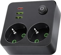 Сетевой фильтр QUMO Power Block Light 4SPBARU (P-0008), 2 розетки, 2500 Вт, 10A, 2 USB-A, 1 USB-C (2,1A Max), цвет черный 56034