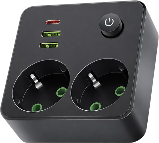 Сетевой фильтр QUMO Power Block Light 4SPBARU (P-0008), 2 розетки, 2500 Вт, 10A, 2 USB-A, 1 USB-C (2,1A Max), цвет черный 56034