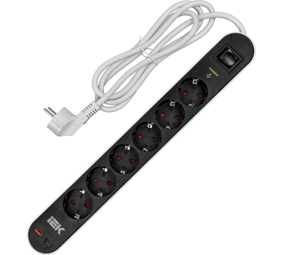 Фильтр сетевой IEK СФ-06К 16А USB A+C 20Вт 1,5м 3х1,5мм2 черный WFP10-16-06-01-ZKU-K02