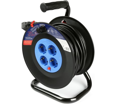 Удлинитель на катушке Smartbuy 4 гнезда, 20м с заземлением и предохранителем ПВС 3х1,0 16А/3,5кВт SBE-16-4-20-Z