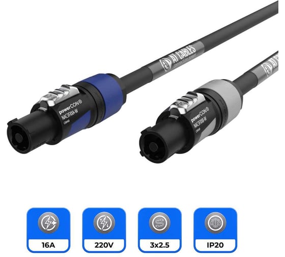 Силовой однофазный удлинитель AT CABLES с разъемами powerCON, 16 Ампер, гибкий кабель в резиновой изоляции H07RN-F 3x2.5, Длина 5 метров. AT Cables PEC-02-C-03-0020-05