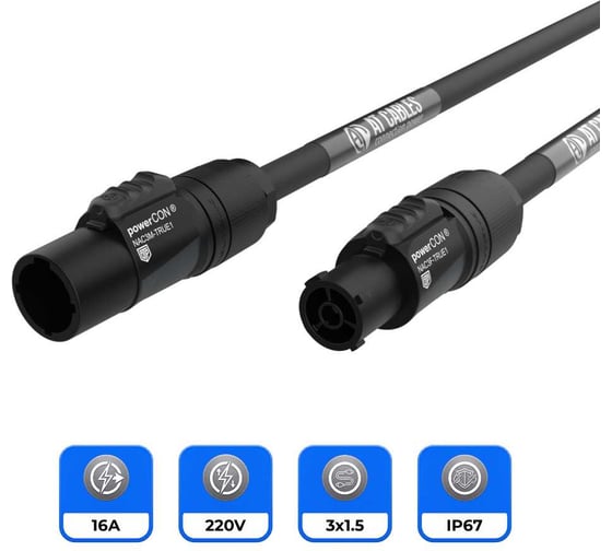 Силовой однофазный удлинитель AT CABLES с разъемами powerCON TRUE, 16 Ампер, гибкий кабель в резиновой изоляции H07RN-F 3x1.5, Длина 5 метров. AT Cables PEC-02-D-03-0007-05