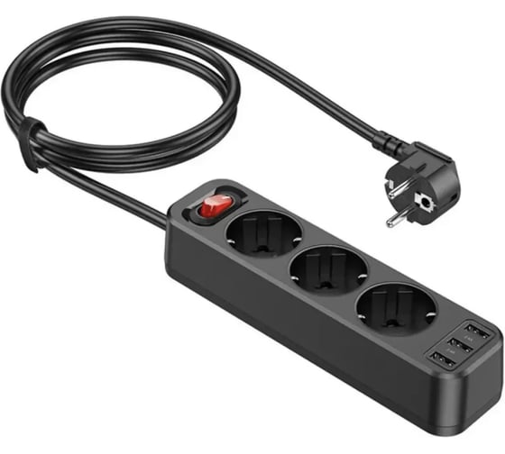 Сетевой фильтр Hoco NS2, 3 EU розетки, 4000W, с портами 3xUSB, 2.4A, 1.8м черный 096402