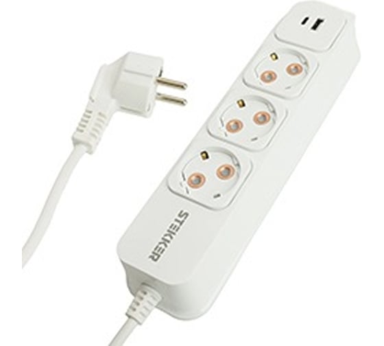 Удлинитель 3-местный STEKKER HM20-31-03 с заземлением, 3x1мм2, 3м, 250В, 16А, USB A+C, Click Tap, белый+матовый золотой 50085