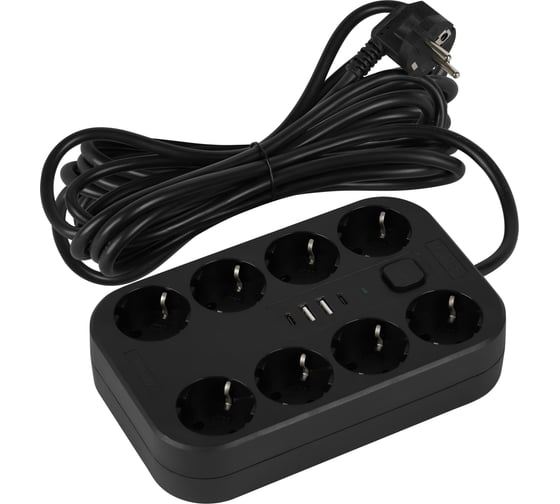 Удлинитель электрический Intro UGES850-USB-B с заземлением с выключателем 8 розеток + 4xUSB A+C 5м 16A черный Б0071658