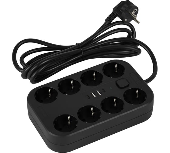 Удлинитель электрический Intro UGES830-USB-B с заземлением с выключателем 8 розеток + 4xUSB A+C 3м 16A черный Б0071657