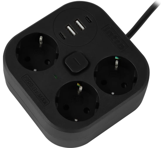 Удлинитель электрический Intro UGES350-B-4USB с заземлением с выключателем 3 розетки + 4xUSB A+C 5м 10А черный Б0071661