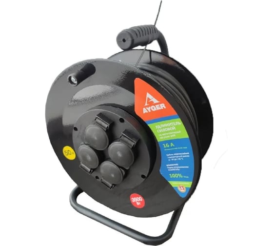 Удлинитель силовой AYGER КГ 3х2,5 50м на металлической катушке IP 44 (c/з) 50036