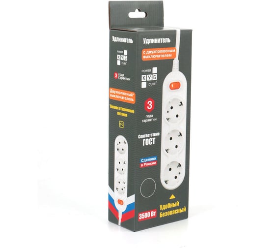 Бытовой удлинитель Power Cube 3р с/з выкл., 3500 Вт, 16 А, 3 м 31,5 (белый) PC-1-3M