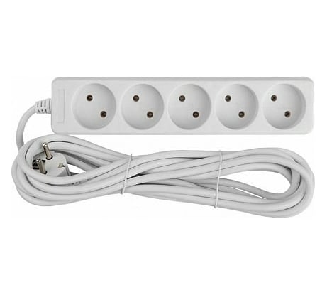 Бытовой удлинитель General Lighting Systems 5 розеток, без заземления, без выключателя, 10 метров, 10А, 2200Вт, Белый GES-10-2x075-5-10m 470042