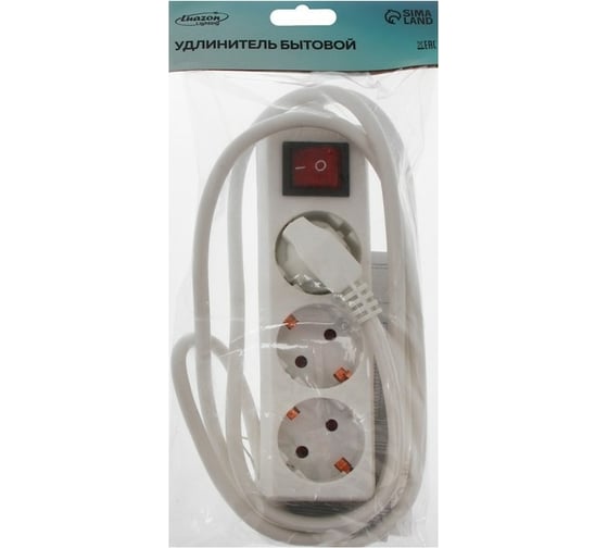 Удлинитель LUAZON Lighting, 3 розетки, 1,8 м, 10 А, 2200 Вт, 3x1.5 мм2, с з/к, с выкл. 2791292