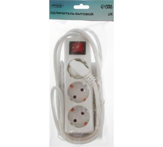 Удлинитель LUAZON Lighting, 3 розетки, 1,8 м, 6А, 1300 Вт, ПВС 3x0.75 мм2, с з/к, с выкл., Б 7059867