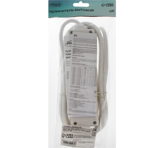 Удлинитель LUAZON Lighting, 3 розетки, 3 м, 6 А, 1300 Вт, 3x0.75 мм2, с з/к, с выкл., Б 2791281