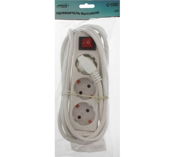 Удлинитель LUAZON Lighting, 3 розетки, 3 м, 6 А, 1300 Вт, 3x0.75 мм2, с з/к, с выкл., Б 2791281