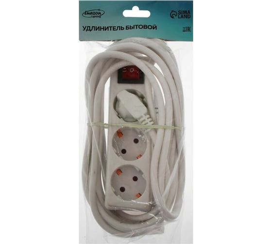 Удлинитель LUAZON Lighting, 3 розетки, 5 м, 10 А, 2200 Вт, 3x1.5 мм2, с з/к, с выкл., Б 2791294