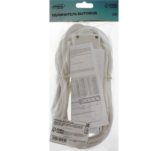 Удлинитель LUAZON Lighting, 3 розетки, 5 м, 6 А, 1300 Вт, 3x0.75 мм2, с з/к, с выкл., Б 2791282