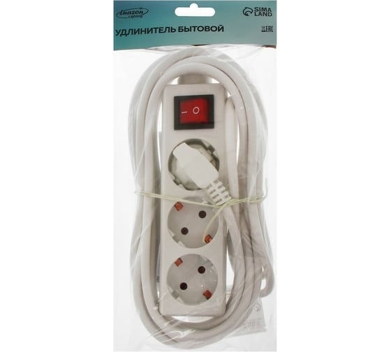 Удлинитель LUAZON Lighting, 3 розетки, 5 м, 6 А, 1300 Вт, 3x0.75 мм2, с з/к, с выкл., Б 2791282