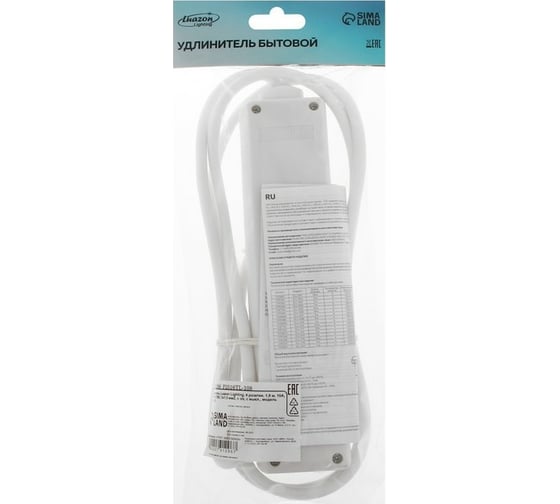 Удлинитель LUAZON Lighting, 4 розетки, 1,8 м, 10 А, 2200 Вт, 3x1.5 мм2, с з/к, с выкл., 2791296