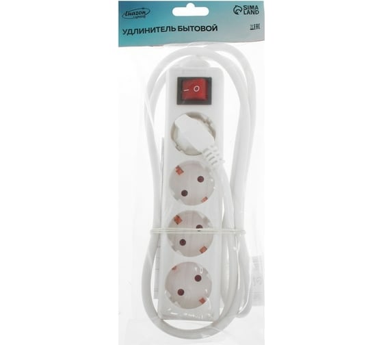 Удлинитель LUAZON Lighting, 4 розетки, 1,8 м, 10 А, 2200 Вт, 3x1.5 мм2, с з/к, с выкл., 2791296