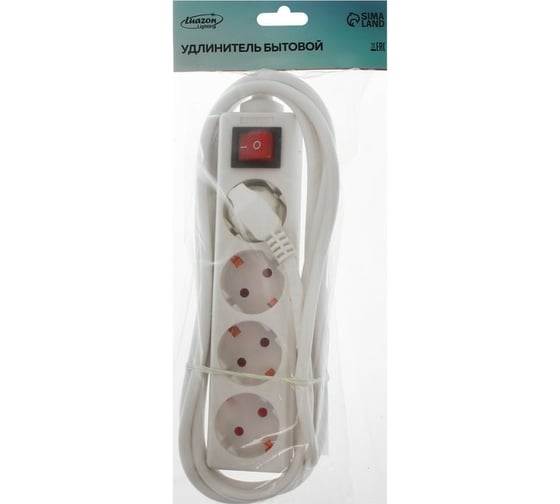 Удлинитель LUAZON Lighting, 4 розетки, 3 м, 10 А, 2200 Вт, 3x1.5 мм2, с з/к, с выкл., Б 2791297