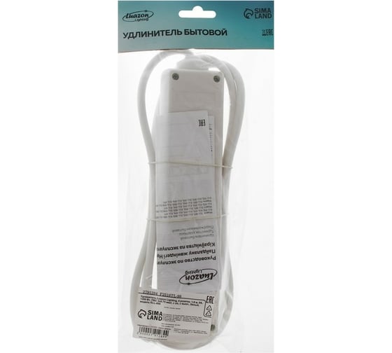 Удлинитель LUAZON Lighting, 4 розетки, 1,8 м, 6 А, 1300 Вт, 3x0.75 мм2, с з/к, с выкл., Б 2791284