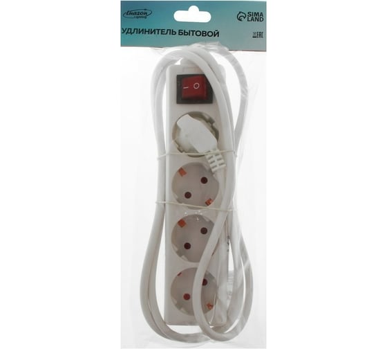Удлинитель LUAZON Lighting, 4 розетки, 1,8 м, 6 А, 1300 Вт, 3x0.75 мм2, с з/к, с выкл., Б 2791284