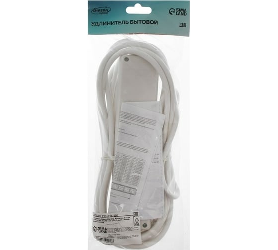 Удлинитель LUAZON Lighting, 4 розетки, 5 м, 6 А, 1300 Вт, 3x0.75 мм2, с з/к, с выкл., Б 2791286