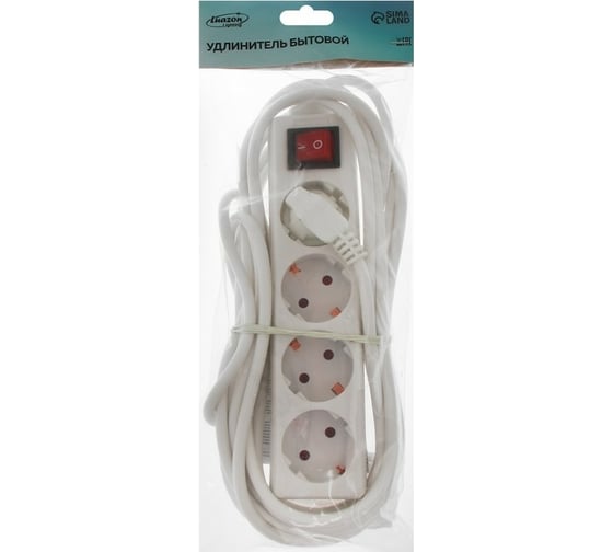 Удлинитель LUAZON Lighting, 4 розетки, 5 м, 6 А, 1300 Вт, 3x0.75 мм2, с з/к, с выкл., Б 2791286