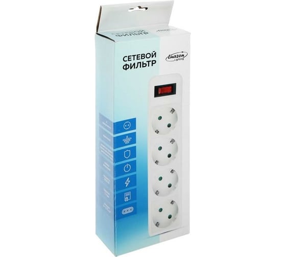 Сетевой фильтр LUAZON Lighting, 4 розетки, 1.8 м, 2200 Вт, 3x0.75 мм2, 10 А, 220 В, белый 4457512
